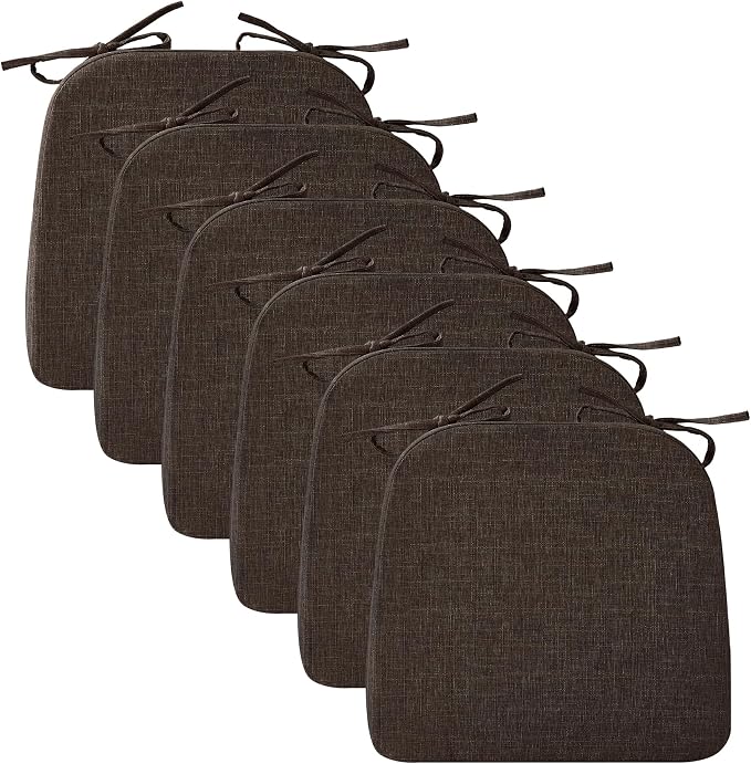 Ruqmuis Chair Cushions for Dining Chairs, 2" Thick Seat Cushions for Kitchen Chairs, D-Shaped Chair Pads with Washable Cover, Ties and Non Slip Backing, 17'' x 16'', Set of 6, Brown by Ruqmuis