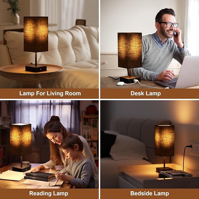 Touch Bedside Table Lamp for Bedroom, 14-Inch, Black, Set of 2 | USB A+C Ports, Touch 3-Way Dimmable LED Bulb Included Fabric Lampshade Metal Base Small Nightstand Lamp for Desk Living Room - Image 6