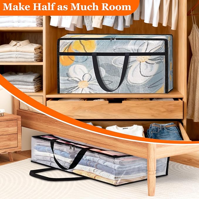 TasticTotes 8 Pack Clear Storage Bags for Comforter, 90L Long | Plastic Blanket Storage with Zipper & Handle, Foldable Moving Bags, Closet Organizer and Under-Bed Storage Containers - Image 7