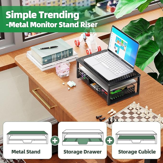 Simple Trending Metal Monitor Stand Riser and Computer Desk Organizer with Drawer for Laptop, Computer, iMac, Black | 16"W x 10"D x 6.25"H. Sturdy Metal Frame. 2-tier + drawer. Holds 66 lbs. Anti-slip. Fits laptop, monitor, iMac. Easy assembly - Image 4
