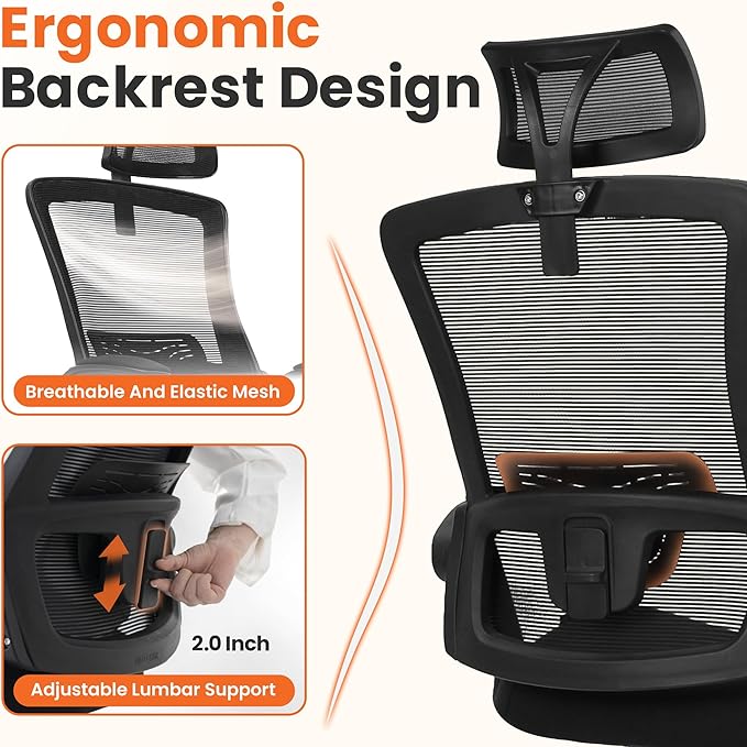 NEO CHAIR Office Desk Chair with Ergonomic High Back Mesh Headrest, Black | Adjustable Headrest and Lumbar Support with Flip-Up Armrests Designed for Extended Sitting Comfort While Saving Space - Image 3