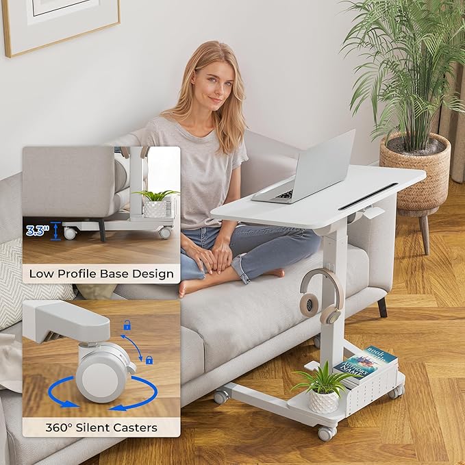 BONTEC Mobile Standing Desk, Adjustable Height, 23.6 x 20.5 Inch, White | Rolling Laptop Cart with Storage Shelf and Hooks, Portable Workstation with Pneumatic Lift, Ergonomic Compact Home Office Use - Image 6
