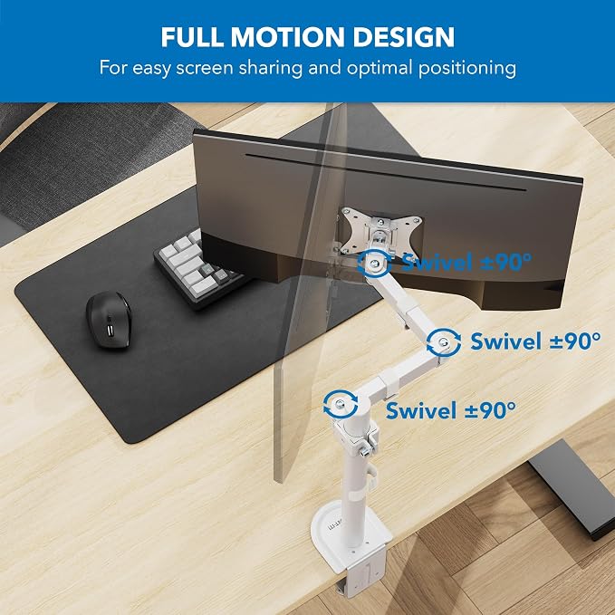 Mount-It! Single Monitor Arm Desk Mount, 17-32", White | Full motion with tilt, rotation, swivel & height adjustment along pole, clamp or grommet, VESA 75/100. - Image 4