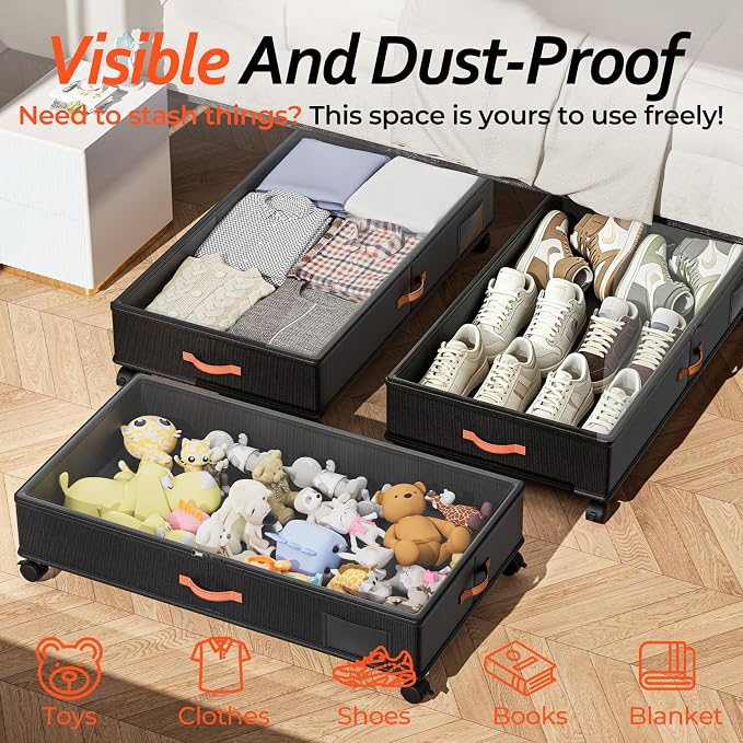 Scilulu Under Bed Storage with Wheels 4-Pack, 66L, 30" L x 16.2" W x 7.5" H | Rolling under bed drawers with sturdy frame, clear lids; underbed containers store clothes, shoes, blankets, toys & holiday - Image 6