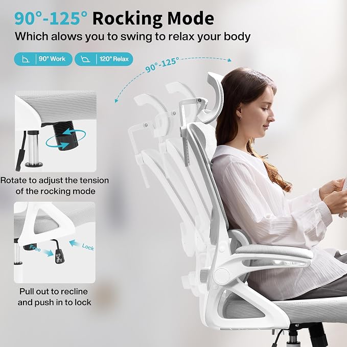Ergonomic Office Chair,Mesh Office Chair with Lumbar Support,High Back Desk Chair with Flip-up Arms,400 lbs Big and Tall Computer Chair with Headrest,Comfy Desk Chairs (Light Grey) - Image 7