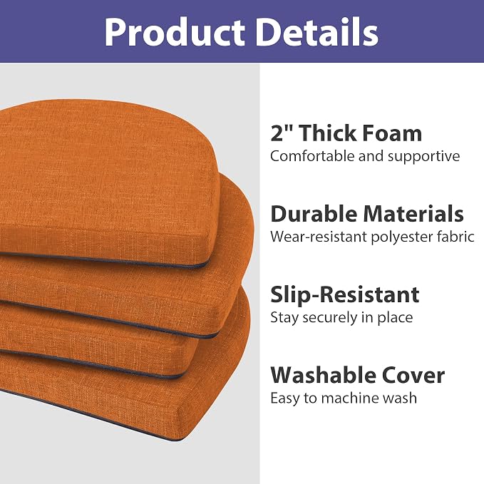 IPYNBAP Chair Cushions for Dining Chairs, Kitchen Chair Cushions, 16'' x 16'' x 2'', Non Slip Indoor Seat Cushions, Chair Pads for Dining Chairs with Ties & Removable Cover, Set of 4, Rust - Image 3