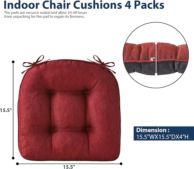 IASEAHK Chair Cushions for Dining Chairs, Seat Cushions for Kitchen Chairs, Indoor Seat Cushions with Ties, Tufted Foam Chair Pads, Non Slip Chair Cushions Set of 4, 15.5" x 15.5" x 4", Red - Image 2