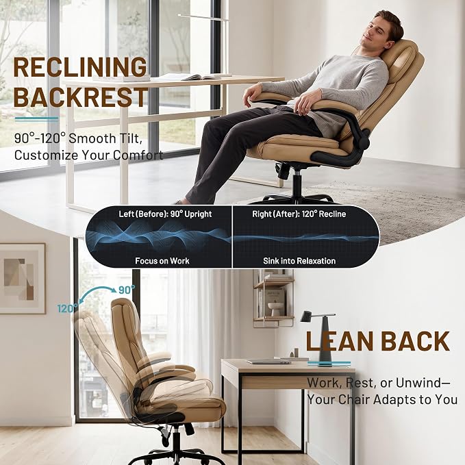 Ergonomic Office Chair, PU Leather High Back Executive Chair with Adjustable Inflatable Lumbar Support and Padded Flip-Up Arms, Recline Swivel Task Computer Chair for Home Office, Khaki - Image 6