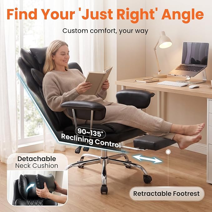 NEO CHAIR Big & Tall Leather Office Chair, High Back, Lumbar Support, Black | Gaming Chair for Adults and Computer Use, Reclining Office Chair with Foot Rest, Massage, Comfy Design and Heavy Duty Support - Image 4