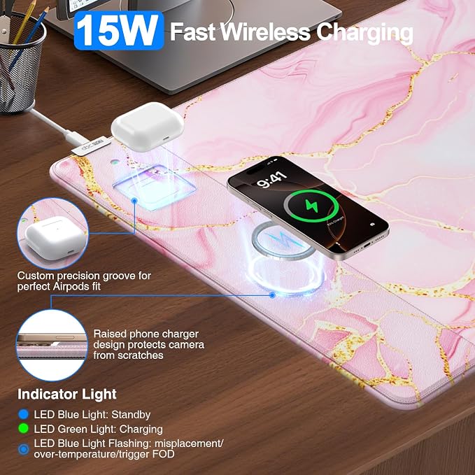 Pink Marble Mouse Pad with 15W Wireless Charging, 31.5"x15.8" in | Large Gaming Desk Pad/Mat for Women Girls, Waterproof Ultra-Smooth Surface, Non-Slip Base - Image 2