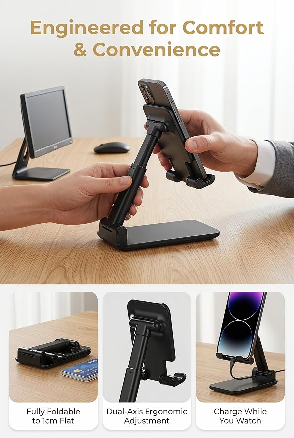 Phone Stand for Desk Cell Phone Holder Stands for iPhones, Black | Mini, Cute, Portable, Fully Foldable, Under 8" Devices, All Smart phones, Office Accessories - Image 5