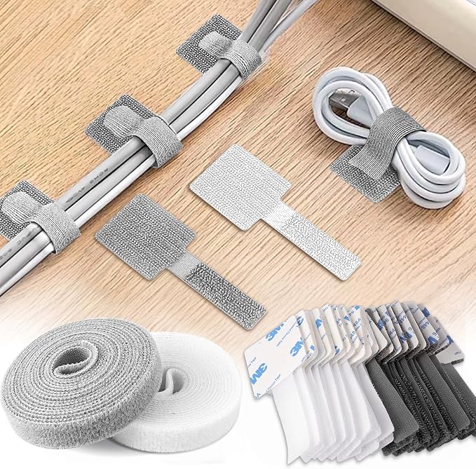 Adhesive Under Desk Cable Management Kit - 45 PCS Sticky Back Velcro Ties + 2 Rolls Extension Straps for No Drill Cord Organization, Home Office (Mixed Colors) by Homljie