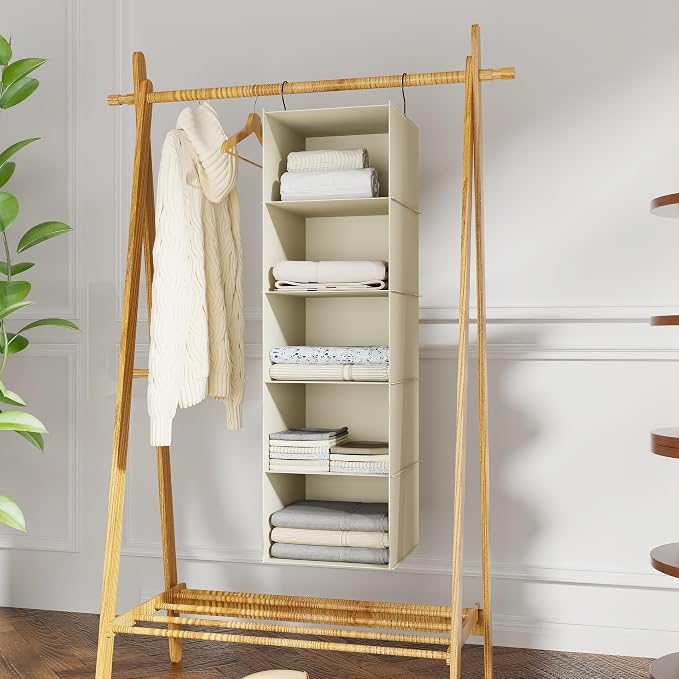 Hanging Closet Organizer 5-Shelf, Oxford Fabric Wardrobe Storage, Beige | Easy-mount foldable design holds clothes, handbags, shoes & accessories; washable Oxford fabric, sturdy and space-saving. - Image 2