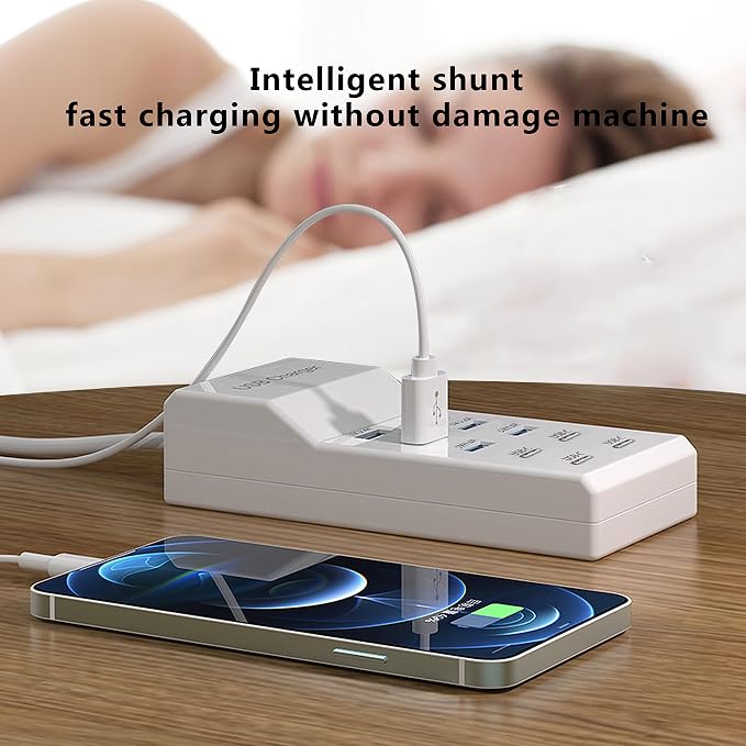 USB Charger,50W USB Charging Station with 10-Port (6 USB-A Port & 4 USB-C Port) Compatible with iPhone 15/14/13/13pro Max 12/12 Mini/12Pro/12 Pro Max/11,Tablets, Smartphones White | Desktop Charging Station - Image 4