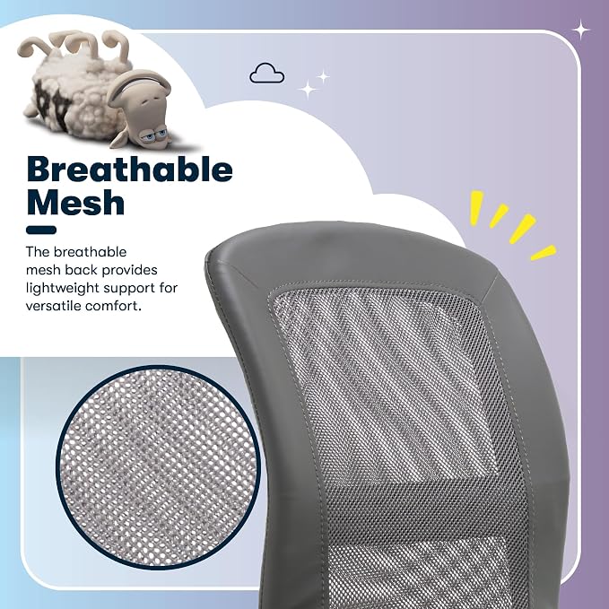 Serta Armless Small Home Desk Chair with Wheels, Ergonomic Mesh Back Chair | Essentials, Leather & Foam Cushion Seat, Adjustable Height, Small Vanity Chair for Bedroom, Desk Chair for Small Spaces, Gray - Image 5