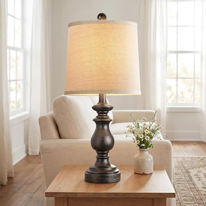 Traditional Table Lamp Set of 2, Rustic Farmhouse Table Lamps for Living Room Bedroom, 22" Bedside Desk Lamps Vintage Nightstand Lamps with Linen Shades, Oil Rubbed Bronze - Image 5