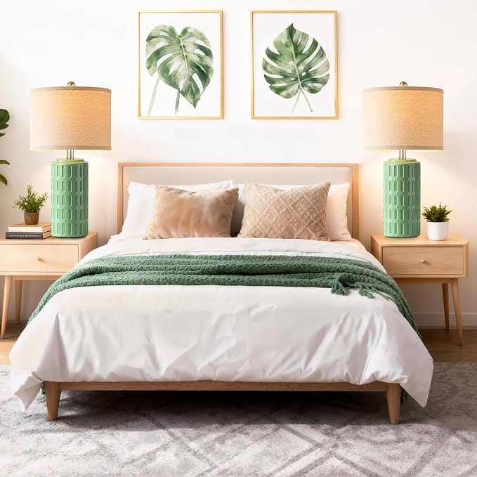 23" Farmhouse Modern Ceramic Table Lamp Set of 2 - Sage Green Bedside Lamps for Bedroom & Living Room, Nightstand, Desk, End Table - Image 7