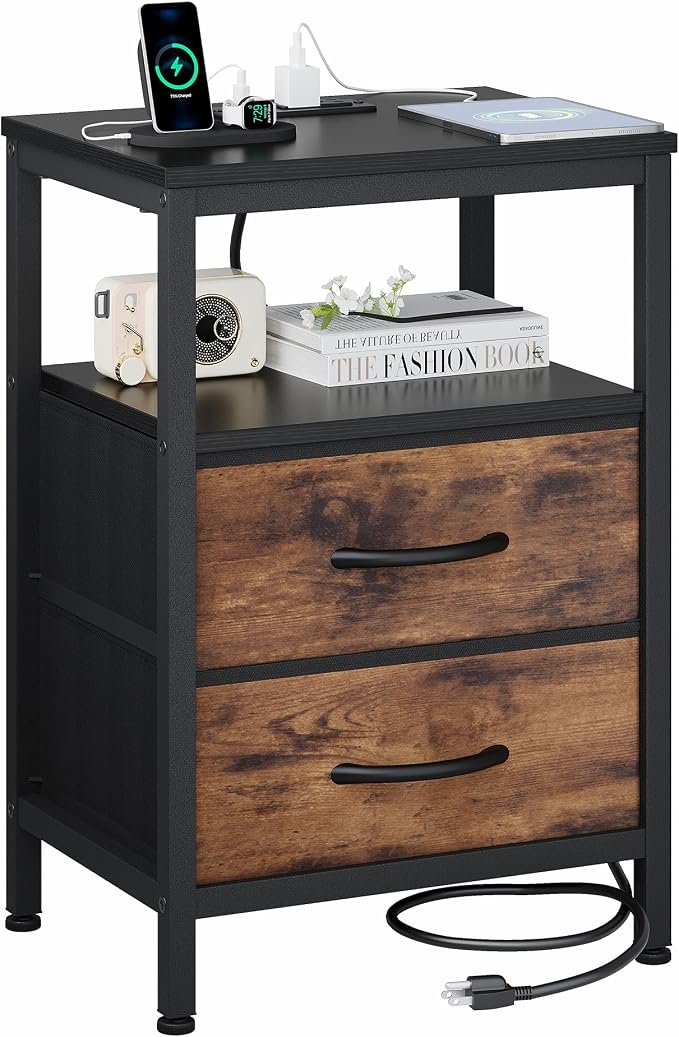 OLIXIS Nightstand with Charging Station, Beside Table with Fabric Drawers | 3-Tier End Table with Storage Shelf, Night Stand with USB Ports and Outlets for Bedroom, Rustic Brown and Black by OLIXIS