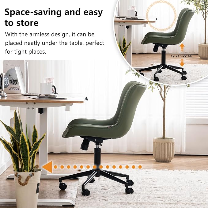 YOUNIKE Office Desk Chair with Wheels Armless Vanity Chair Modern Tan | Faux Leather Upholstered with Rocking Back, Swivel Height Adjustable Small Cute Computer Rolling Task Chair Ergonomic 300lb - Image 6