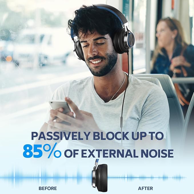 AC01 Over-Ear Headphones Wired with Mic Volume Control, Black Blue | Passive Noise Isolating Corded Stereo Headsets for Adults Teens Kids 3.5mm for School, Chromebooks, Laptop, Tablets, Travel - Image 4