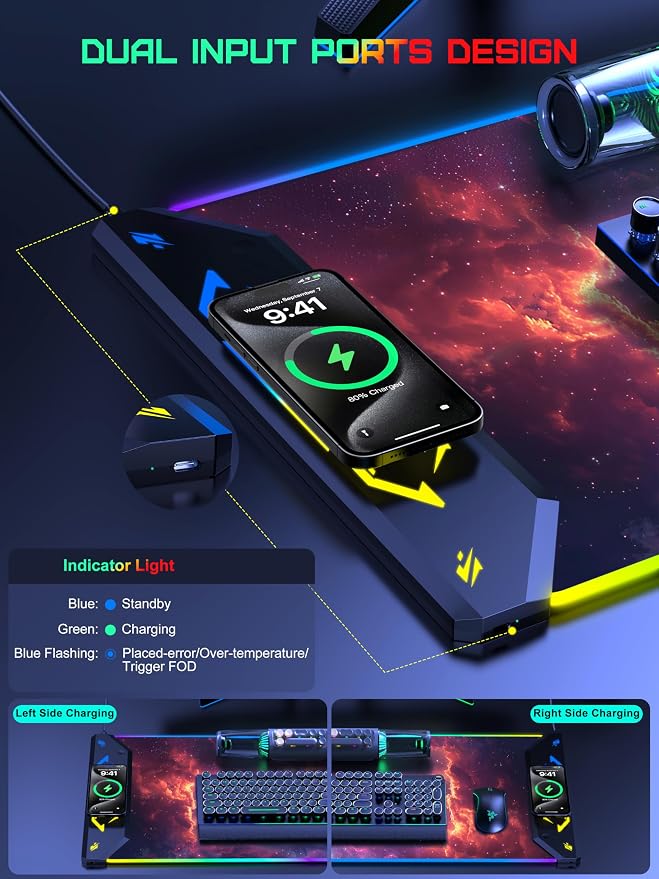TopMade Wireless Charging Mouse Pad, RGB Gaming Mousepad, 35.4" x 15.8" Extra Large Waterproof Keyboard Desk Pad, Computer Desk Mat, Red Nebula (Includes 20W PD Power Adapter & 6.56ft Woven Cable) - Image 3