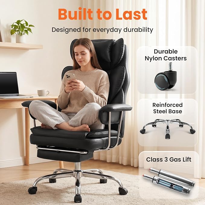 NEO CHAIR Big & Tall Leather Office Chair, High Back, Lumbar Support, Black | Gaming Chair for Adults and Computer Use, Reclining Office Chair with Foot Rest, Massage, Comfy Design and Heavy Duty Support - Image 8
