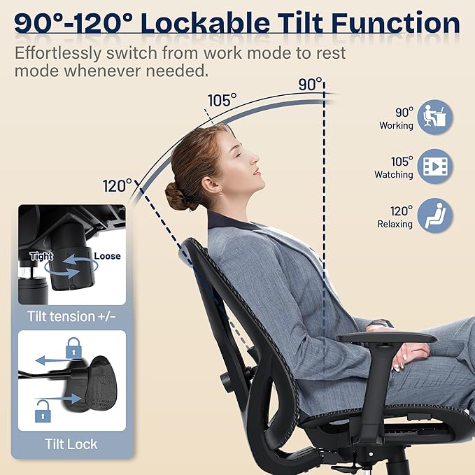 Ergonomic Office Chair, Mesh Computer Desk Chairs with Adjustable Lumbar Support, 3D Armrests, Tilt Function, Comfy Wide Seat, Swivel Executive Work Task Chair for Company and Home - Image 6
