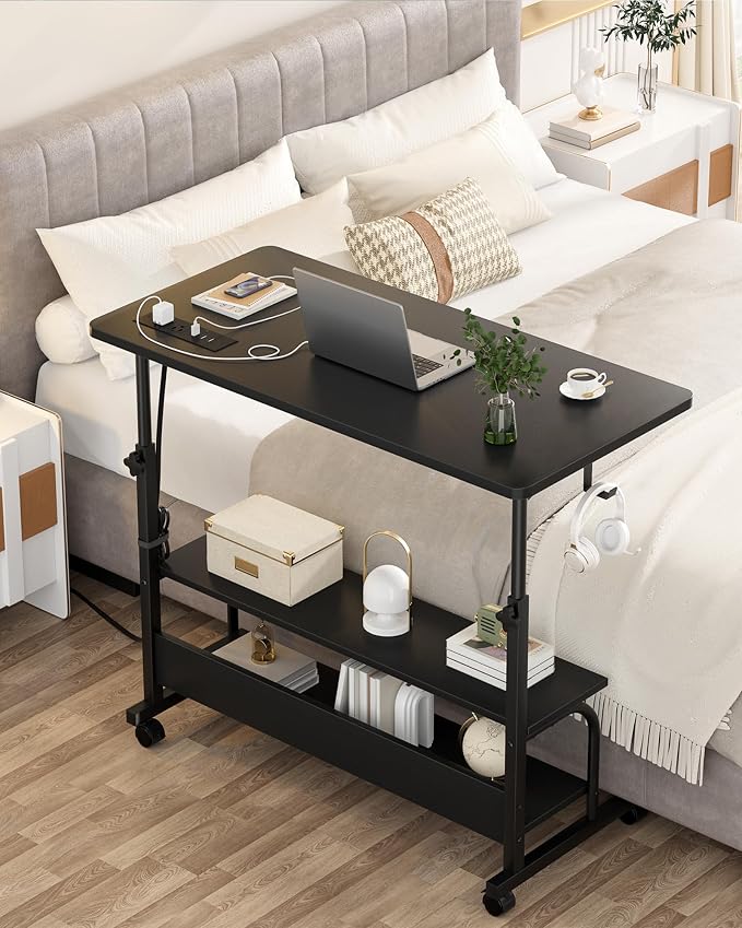 32" Rolling Standing Desk with Charging Station for Couch Bed | Height Adjust 27.5-41", 2 AC/3 USB, Mobile 4 Lockable Wheels, 2-tier Shelves Hook, Safe Corner Fast Assembly - Image 7