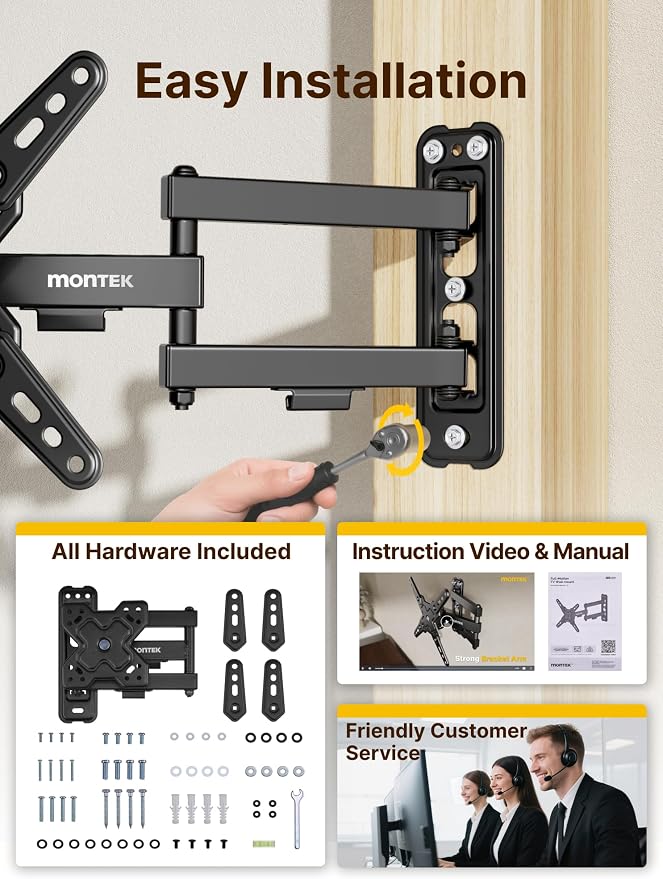 monTEK Full Motion Small TV Wall Mount for 13-43 Inch TVs up to 44 lb | ±90° swivel, +5°/-15° tilt, landscape/portrait rotation; extends 14.6 in, 4X load tested, VESA 200x200 mm, single-stud mount - Image 9