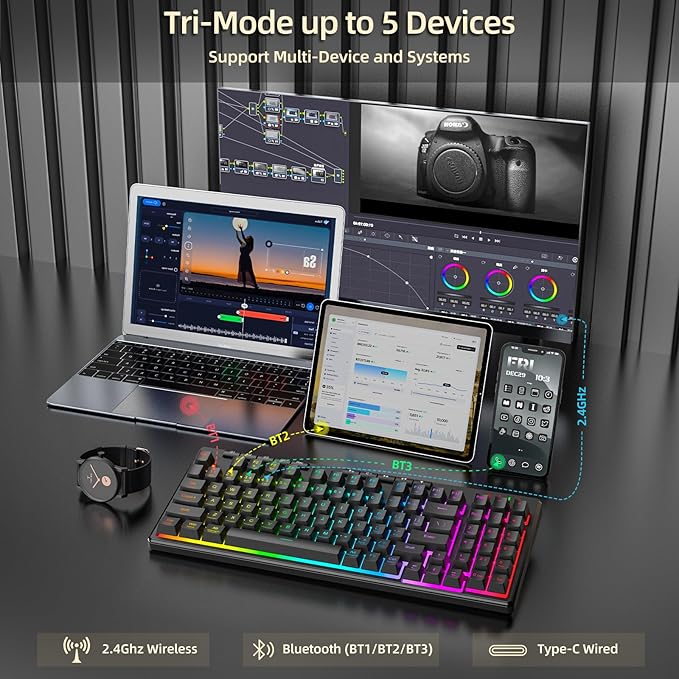 Redragon K517 Pro Wireless Gaming Keyboard, RGB Backlit, Tri-Mode BT/2.4GHz/USB-C, Mechanical Feel 94 Keys Computer Keyboard with 4 Macro Keys, Number Pad, 4000mAh Battery for Win/MAC - Image 3