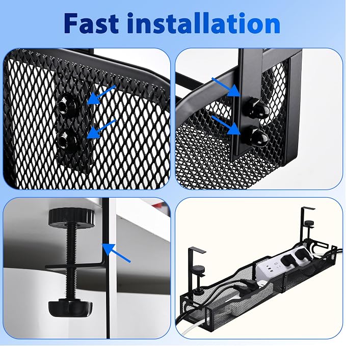 Under Desk Cable Management Tray 25.3 Inch, Clamp-On Cable Organizer Box for Standing Desks, No Drill Cord Management Under Desk, Large Desk Wire Organizer for Office & Home, Black - Image 7
