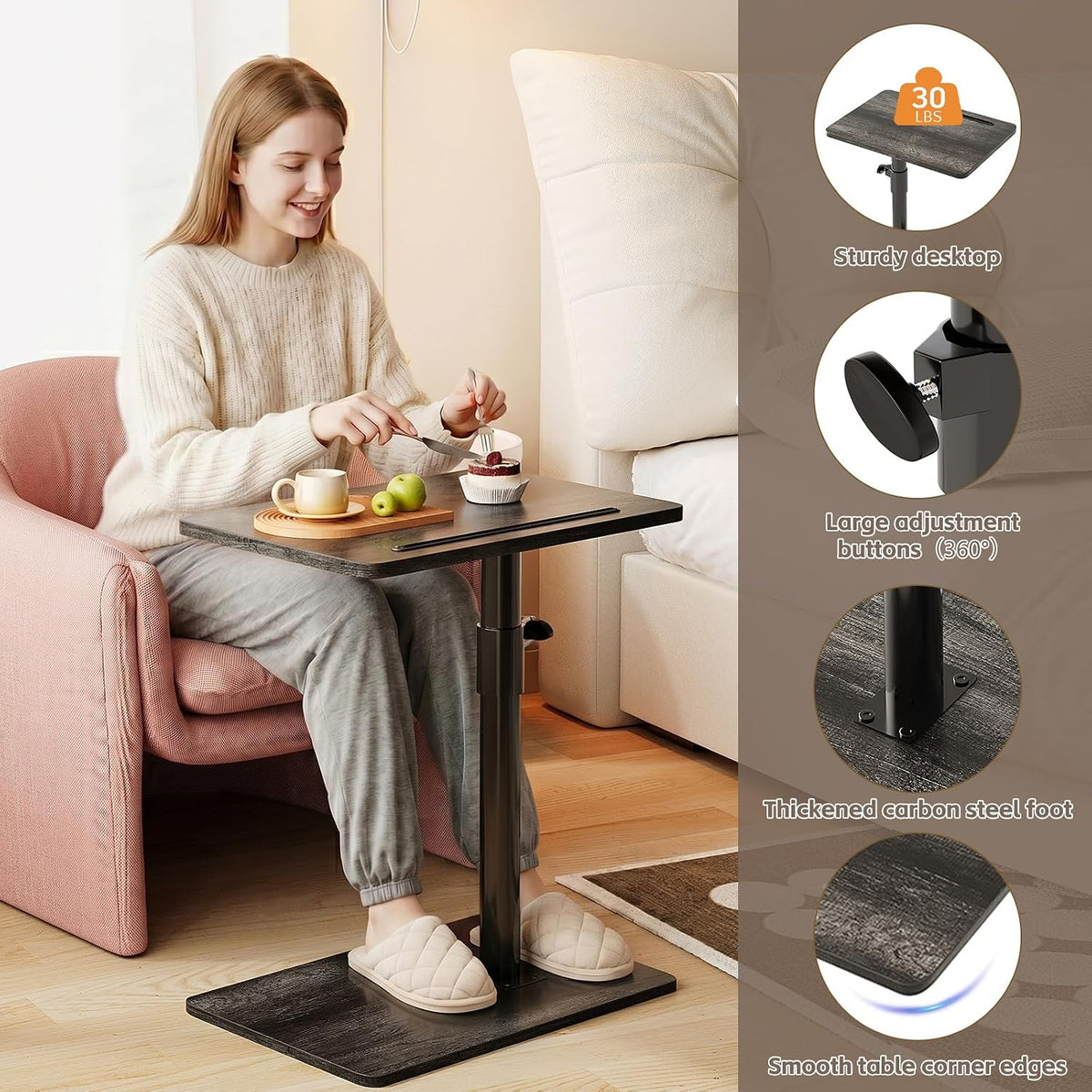 CAIYUN C Shaped Side Table, Height Adjustable Swivel 360° Rotating, Bend Table for Small Spaces, Sofa Side Table with Metal Frame for Living Room, Bedroom, Grey Oak - Image 6
