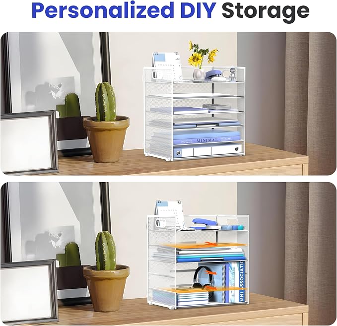 Daltack 6-Tier Paper Organizer for Desk with Handle, White, 2 Pack | Sturdy Metal Mesh Organizer with Movable Middle Trays and a Carry Handle for Papers, Folders and Office Supplies - Image 3