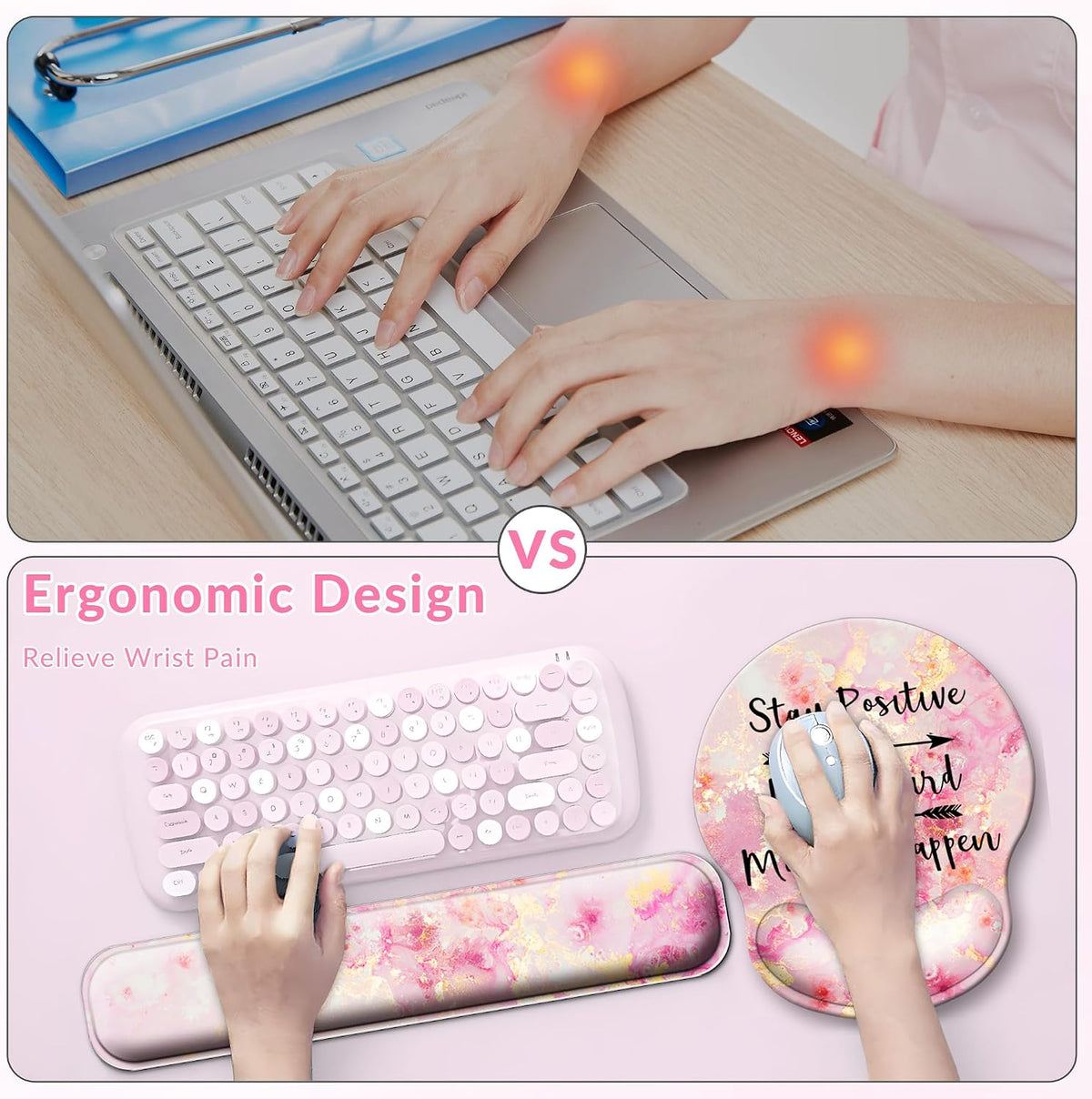 Large Mouse Pad and Keyboard Wrist Rest + Desk Mat Set,Full Long Mouse Pads for Desk Accessories with Memory Foam Gel Pink Mousepad for Women Computer Desktop Office Work-Pink & Black Slogan - Image 6