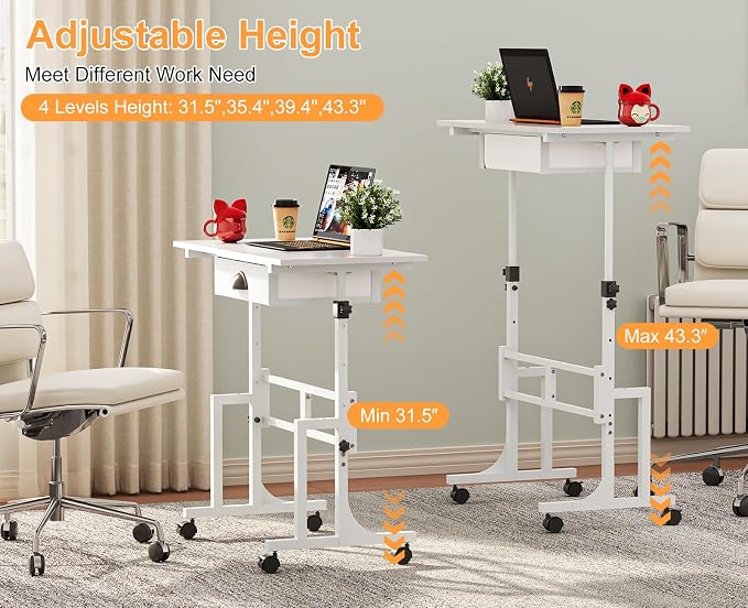 Cidaziya Adjustable Height Standing Desk for Walking Pad Treadmill, Portable Rolling Desk for Laptop with Drawer, Small Moblie Sit to Stand Desk On Wheels with Stiffener for Home Office Dorm Bedroom - Image 2