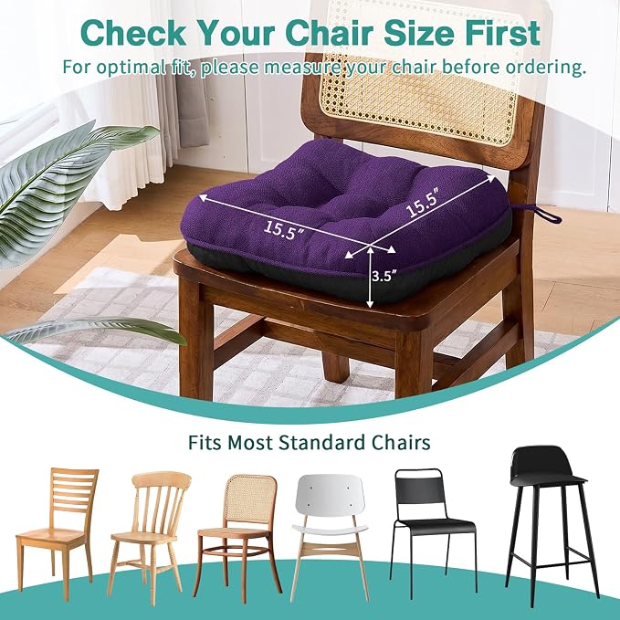 BETU Chair Cushions for Dining Chairs Set of 4,3.5" Thick Kitchen Table Chair Pads with Ties,Non Slip Backing and Covers, Seat Cushion for Dining Room,Bar,Patio Chairs,15.5"X15.5"X3.5",Dark Purple - Image 5