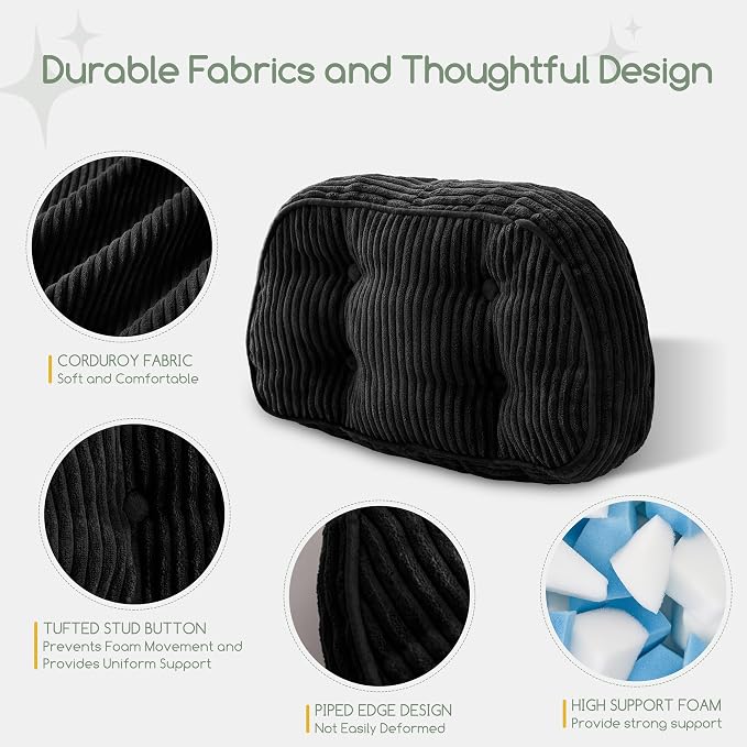 HIGOGOGO Lumbar Support Pillow for Recliner Chair/Accent Chair/Couch/Office Chair, Tufted Corduroy Back Support Cushion for Elderly, Recliner Cushions for Back Rest, Pain Relief, Reading, Black - Image 4