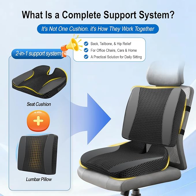 Lofty Aim Car Seat Cushion with Back Support, Lumbar Support Pillow Set | Memory Foam Car Seat Cushions for Driving, Office Chair Cushions for Back and Butt, Support for Trucks, Office Chairs, Black - Image 7