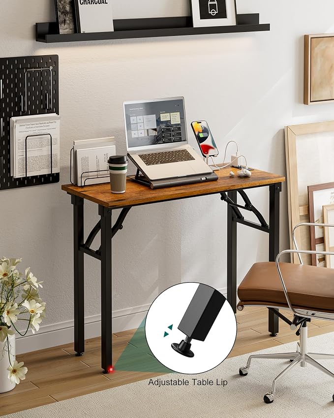 Small Folding Computer Desk – 35.8 Inch Portable Table for Craft and Study, Lightweight Desk for Small Spaces, Foldable Laptop Table Built-in AC/USB Outlets for Convenience, Rustic Brown - Image 8