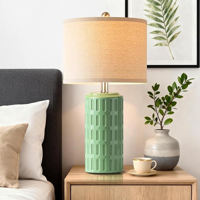 23" Farmhouse Modern Ceramic Table Lamp Set of 2 - Sage Green Bedside Lamps for Bedroom & Living Room, Nightstand, Desk, End Table - Image 8