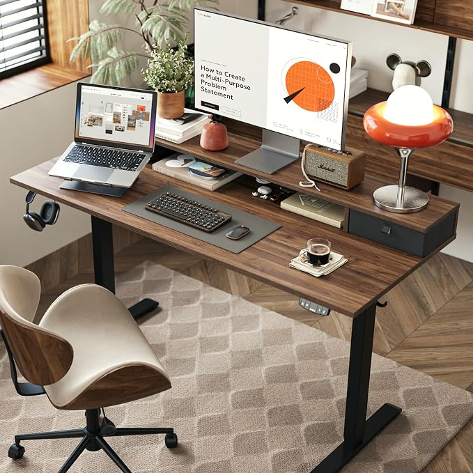 Agilestic 48 x 24 Inches Electric Standing Desk with 2 Storage Drawers, Adjustable Height Sit and Stand Computer Table with Splice Board, Dark Walnut | Electric Height Adjustable, 2 Storage Drawer, Monitor Stand, Sturdy Steel Frame, Memory Presets, Hoo... - Image 2
