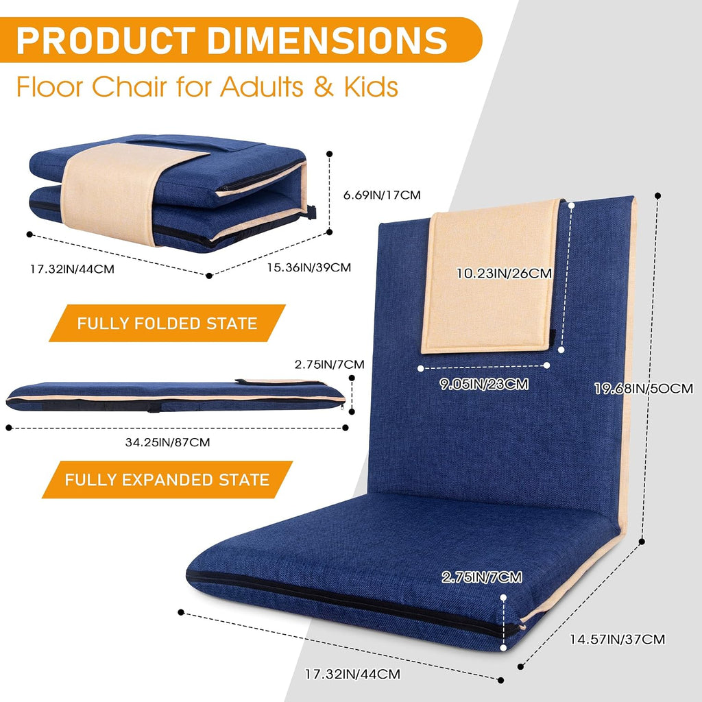 Floor Chair with Back Support Foldable Meditation Seat, Blue - Image 2