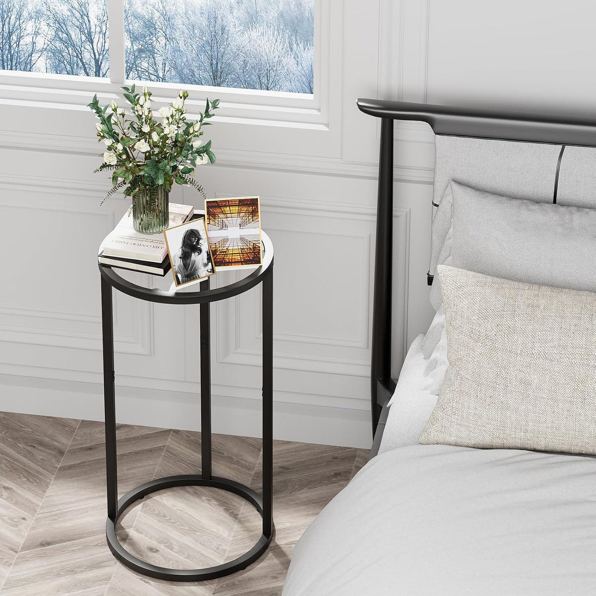 Easy Paws Round Side Table,Glass C Shaped Table,Couch End Table, Tempered Glass Snack Table with Metal Frame, Sofa Couch Bedside Table,TV Tray Table for Small Space(Black,2pcs) - Image 7