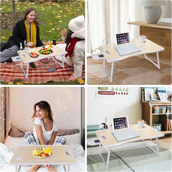 Laptop Bed Table, Laptop Desk for Bed, Foldable Laptop Bed Desk with USB Charge Port, Handle, Desktop Card Slot, Cup Slot, Side Drawer, Laptop Table Portable Notebook Stand for Eating Reading Working - Image 6