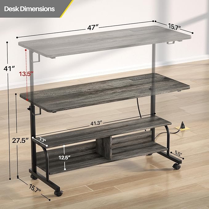 47" Rolling Standing Desk with Charging Station for Couch Bed | Height Adjust 27.5-41", 2 AC/3 USB, Mobile 4 Lockable Wheels, 2-tier Shelves Hook, Safe Corner Fast Assembly - Image 3