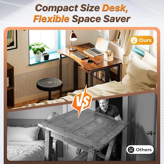 Huuger Folding Desk with Storage Shelf, 31.5 Inch Foldable Computer Table | Writing Work Office Computer Desk for Small Spaces, Space Saving Sofa Table for Couch, Easy to Fold, Rustic Brown - Image 3