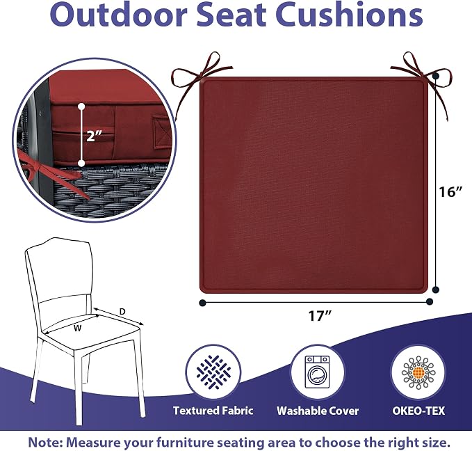 IPYNBAP Outdoor Chair Cushions Set of 4 -Waterproof Outdoor Seat Cushions for Patio Furniture, Patio Chair Cushion with Handle and Ties, Out Door Chair Pads,17x16x2-Square, Burgundy - Image 6