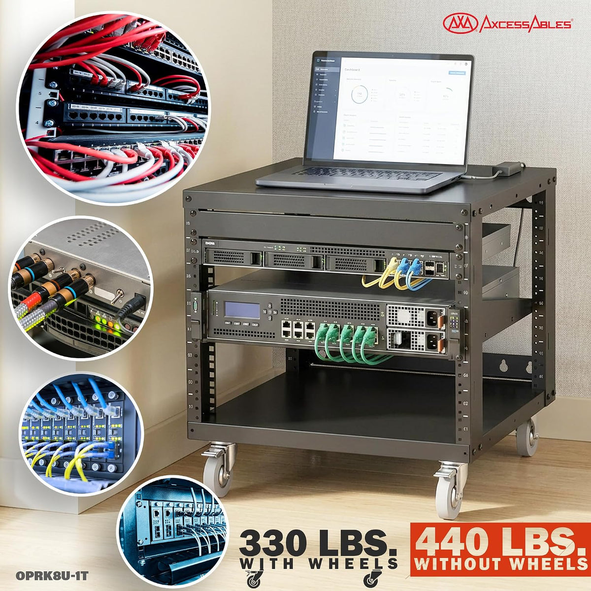 AxcessAbles 8U Open Frame Network Rack with Locking Caster Wheels - 440lb Capacity, 18" Depth | 19-Inch Open Server Rack, one 1U Shelves, 10-32 Screws & Cage Nut Rails, Cage Nut Tool & Wall Kit - Image 3