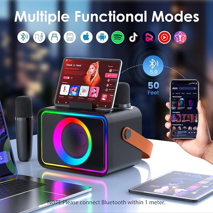 Karaoke Machine for Kids Adults,Portable Bluetooth Speaker with 2 Wireless Microphone with LED Lights, Karaoke Microphone with PA System Supports USB/TF/AUX,Gift for Party (Black) - Image 5
