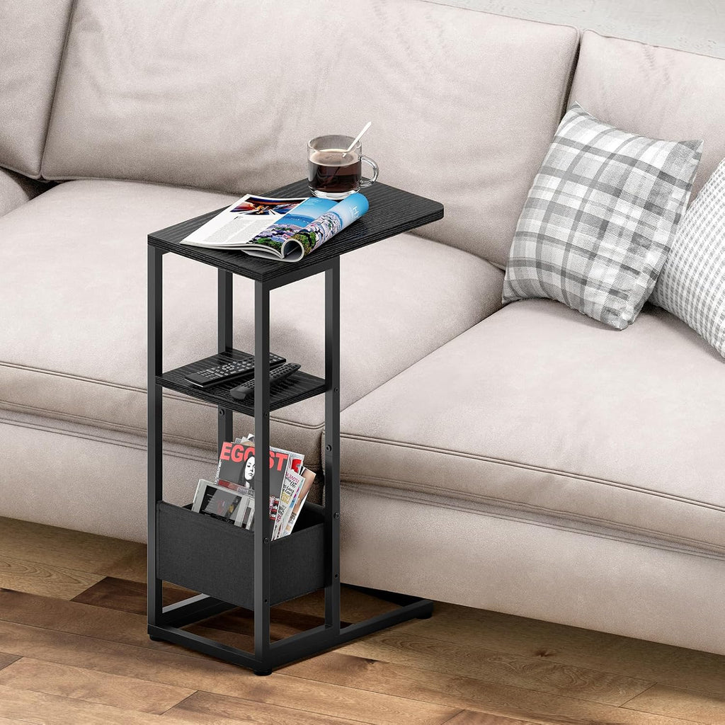 C Shaped End Table, Small Side Table for Couch, Recliner, Slide Under Sofa Tray Desk Snack Tables with Storage Bag for Living Room,Bedroom, Small Spaces - Black - Image 9